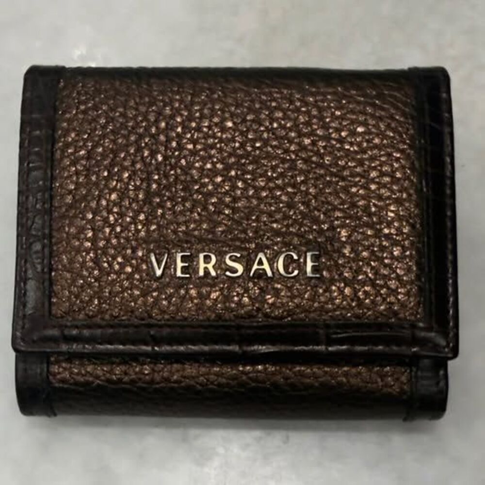 New Versace Metallic Bronze Pebbled Leather Trifold Wallet